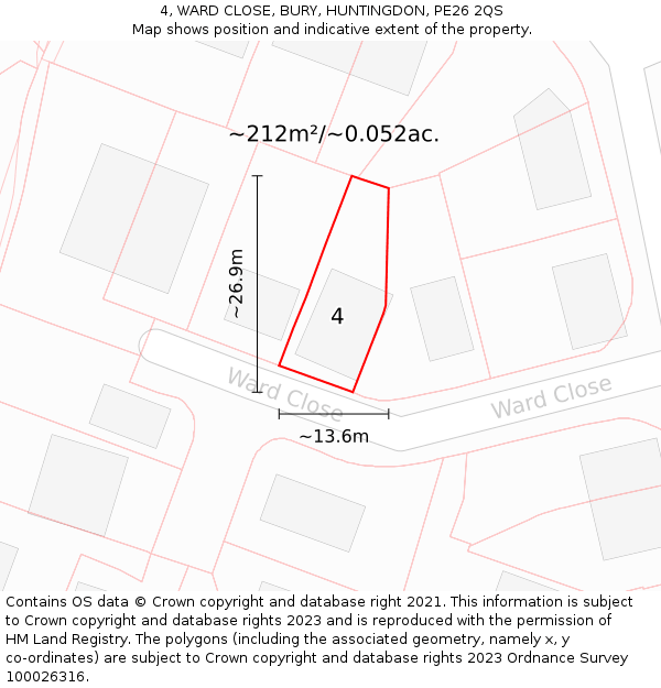 4, WARD CLOSE, BURY, HUNTINGDON, PE26 2QS: Plot and title map