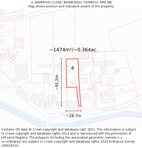 4, WARMANS CLOSE, BAWBURGH, NORWICH, NR9 3JB: Plot and title map