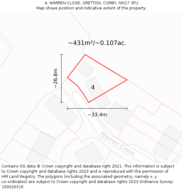 4, WARREN CLOSE, GRETTON, CORBY, NN17 3FU: Plot and title map