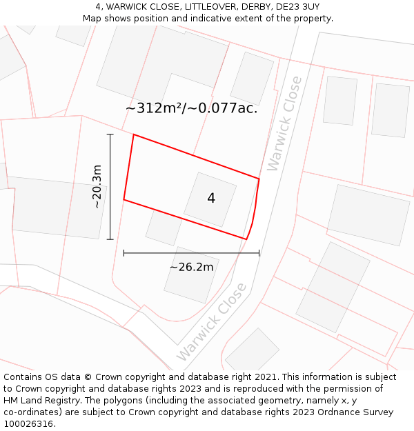 4, WARWICK CLOSE, LITTLEOVER, DERBY, DE23 3UY: Plot and title map