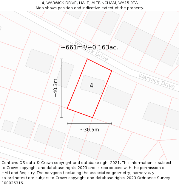 4, WARWICK DRIVE, HALE, ALTRINCHAM, WA15 9EA: Plot and title map