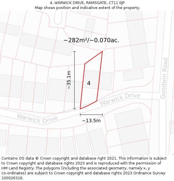 4, WARWICK DRIVE, RAMSGATE, CT11 0JP: Plot and title map