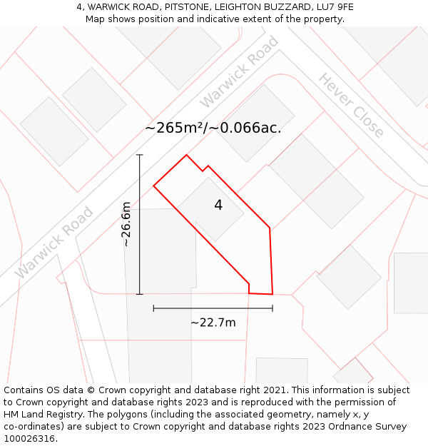 4, WARWICK ROAD, PITSTONE, LEIGHTON BUZZARD, LU7 9FE: Plot and title map