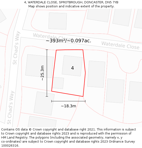 4, WATERDALE CLOSE, SPROTBROUGH, DONCASTER, DN5 7YB: Plot and title map
