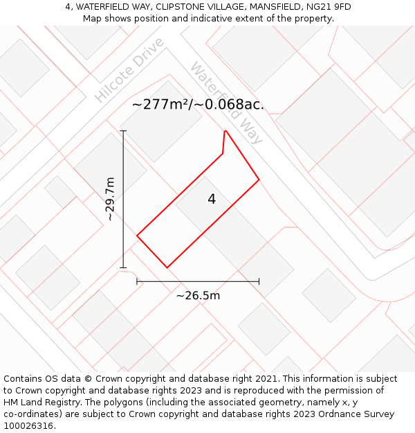 4, WATERFIELD WAY, CLIPSTONE VILLAGE, MANSFIELD, NG21 9FD: Plot and title map