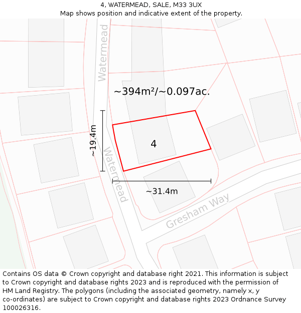 4, WATERMEAD, SALE, M33 3UX: Plot and title map