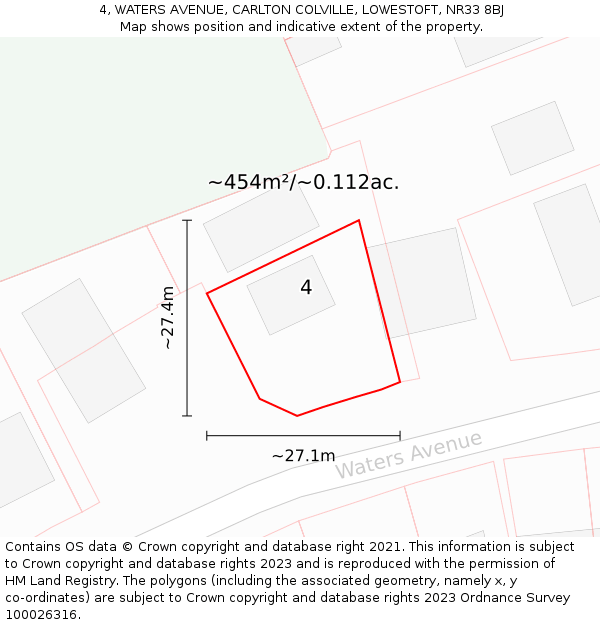 4, WATERS AVENUE, CARLTON COLVILLE, LOWESTOFT, NR33 8BJ: Plot and title map