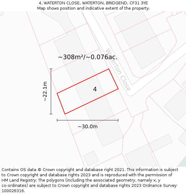 4, WATERTON CLOSE, WATERTON, BRIDGEND, CF31 3YE: Plot and title map