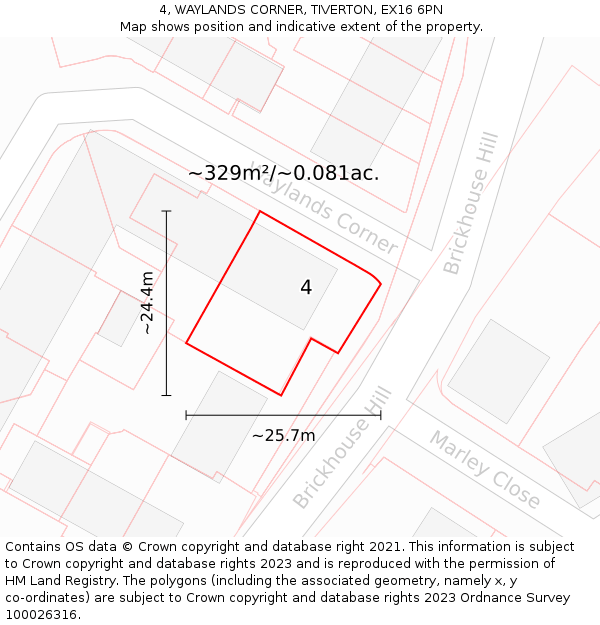 4, WAYLANDS CORNER, TIVERTON, EX16 6PN: Plot and title map