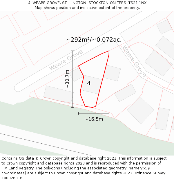4, WEARE GROVE, STILLINGTON, STOCKTON-ON-TEES, TS21 1NX: Plot and title map