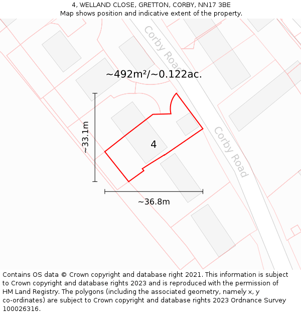 4, WELLAND CLOSE, GRETTON, CORBY, NN17 3BE: Plot and title map