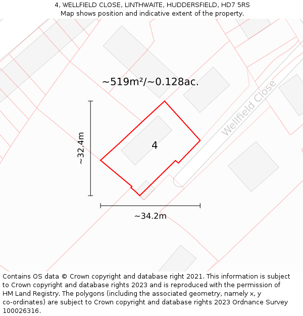 4, WELLFIELD CLOSE, LINTHWAITE, HUDDERSFIELD, HD7 5RS: Plot and title map