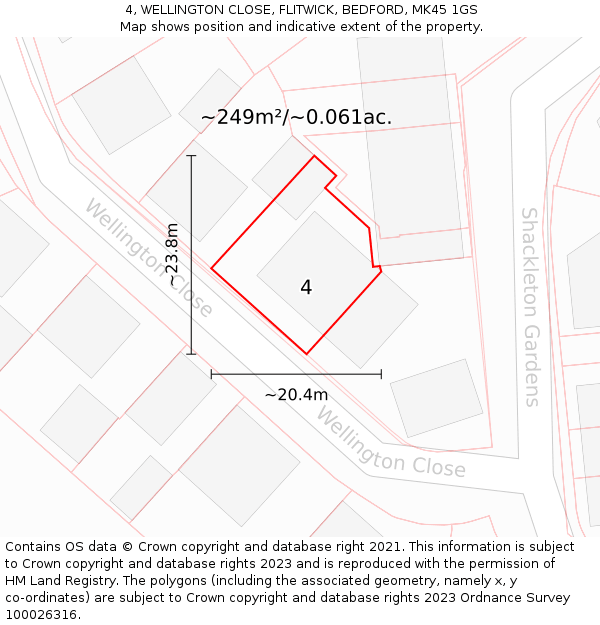 4, WELLINGTON CLOSE, FLITWICK, BEDFORD, MK45 1GS: Plot and title map