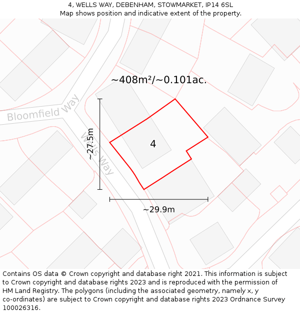 4, WELLS WAY, DEBENHAM, STOWMARKET, IP14 6SL: Plot and title map