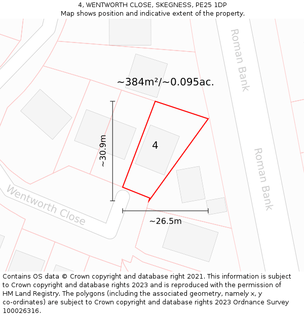 4, WENTWORTH CLOSE, SKEGNESS, PE25 1DP: Plot and title map