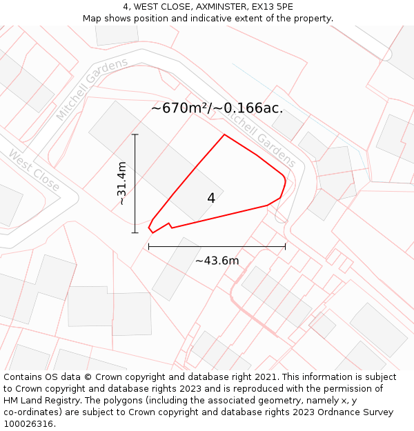 4, WEST CLOSE, AXMINSTER, EX13 5PE: Plot and title map