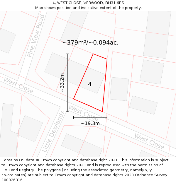 4, WEST CLOSE, VERWOOD, BH31 6PS: Plot and title map