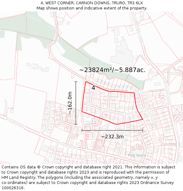 4, WEST CORNER, CARNON DOWNS, TRURO, TR3 6LX: Plot and title map