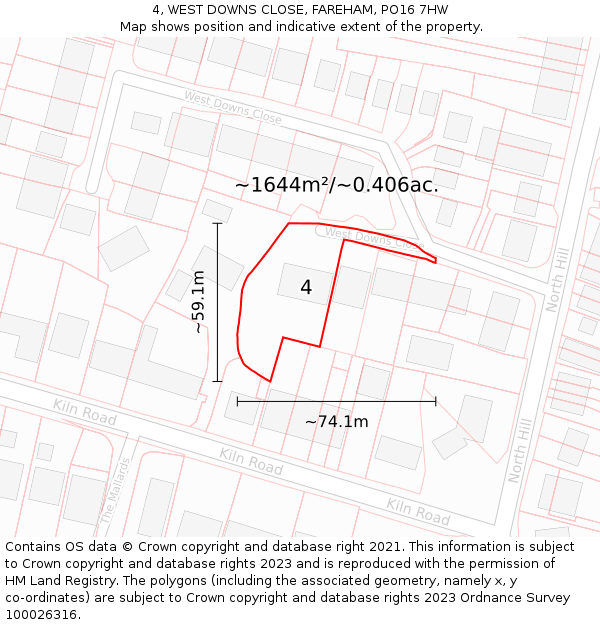 4, WEST DOWNS CLOSE, FAREHAM, PO16 7HW: Plot and title map