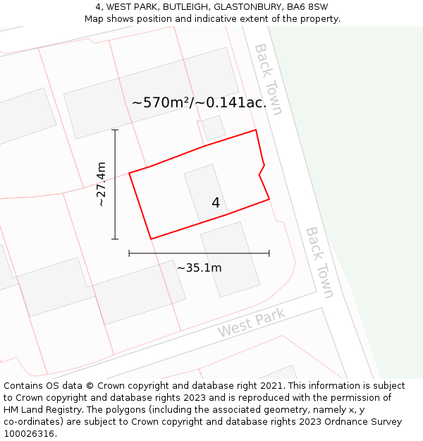 4, WEST PARK, BUTLEIGH, GLASTONBURY, BA6 8SW: Plot and title map