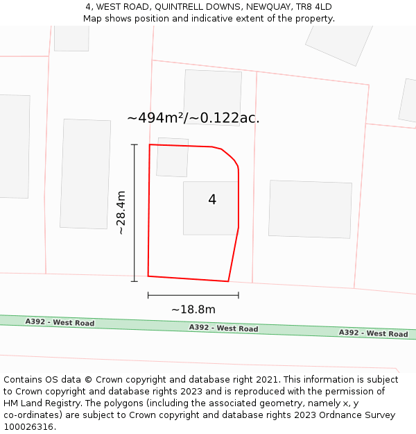 4, WEST ROAD, QUINTRELL DOWNS, NEWQUAY, TR8 4LD: Plot and title map
