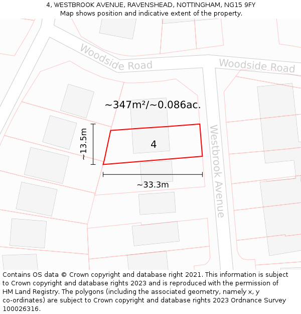 4, WESTBROOK AVENUE, RAVENSHEAD, NOTTINGHAM, NG15 9FY: Plot and title map
