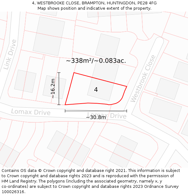 4, WESTBROOKE CLOSE, BRAMPTON, HUNTINGDON, PE28 4FG: Plot and title map