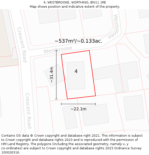 4, WESTBROOKE, WORTHING, BN11 1RE: Plot and title map