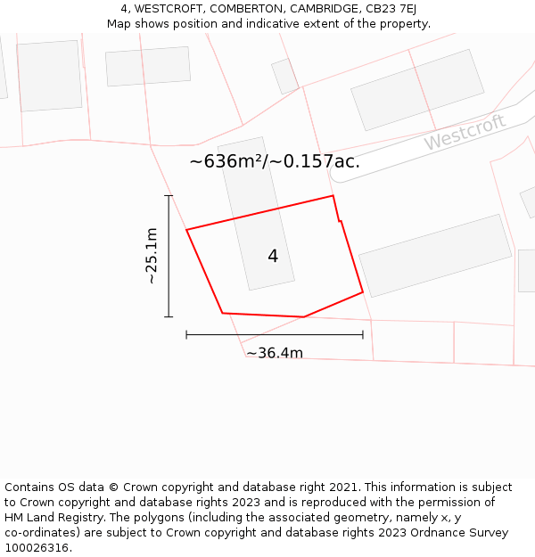 4, WESTCROFT, COMBERTON, CAMBRIDGE, CB23 7EJ: Plot and title map