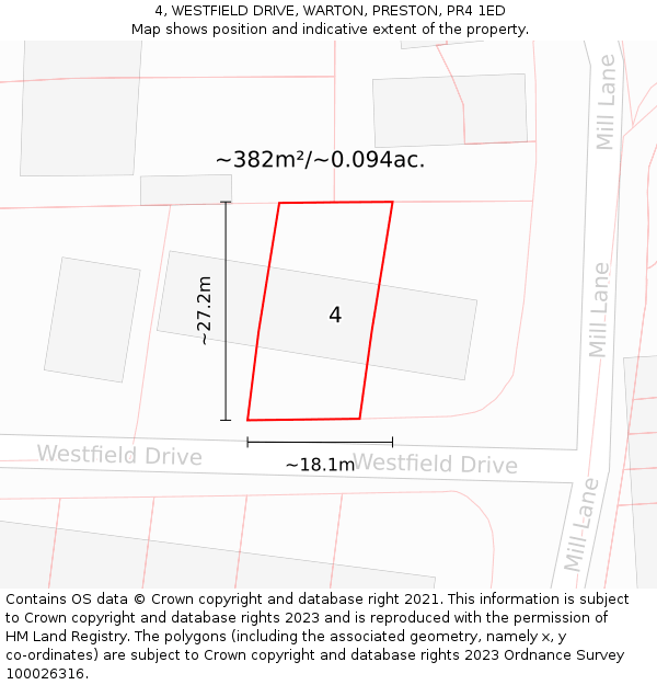 4, WESTFIELD DRIVE, WARTON, PRESTON, PR4 1ED: Plot and title map