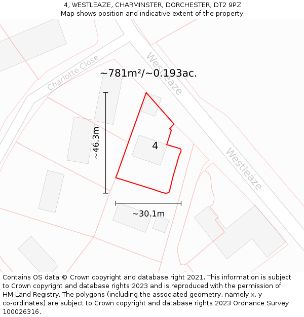 4, WESTLEAZE, CHARMINSTER, DORCHESTER, DT2 9PZ: Plot and title map