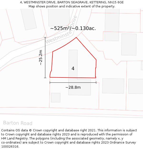 4, WESTMINSTER DRIVE, BARTON SEAGRAVE, KETTERING, NN15 6GE: Plot and title map