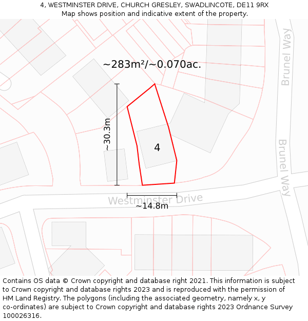 4, WESTMINSTER DRIVE, CHURCH GRESLEY, SWADLINCOTE, DE11 9RX: Plot and title map