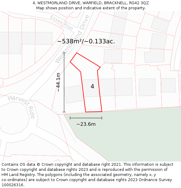 4, WESTMORLAND DRIVE, WARFIELD, BRACKNELL, RG42 3QZ: Plot and title map
