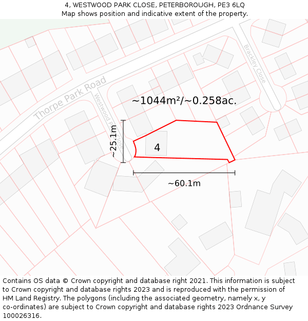 4, WESTWOOD PARK CLOSE, PETERBOROUGH, PE3 6LQ: Plot and title map