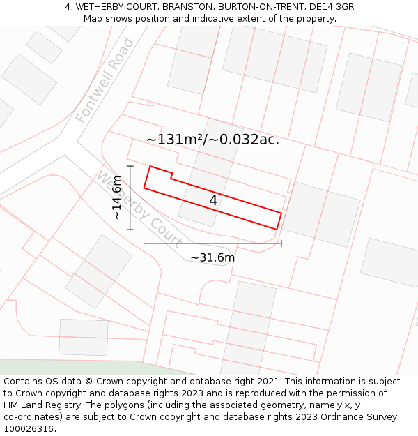 4, WETHERBY COURT, BRANSTON, BURTON-ON-TRENT, DE14 3GR: Plot and title map