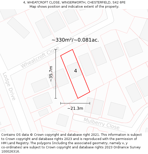 4, WHEATCROFT CLOSE, WINGERWORTH, CHESTERFIELD, S42 6PE: Plot and title map
