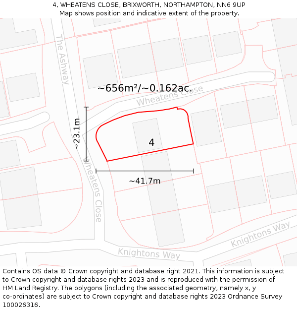 4, WHEATENS CLOSE, BRIXWORTH, NORTHAMPTON, NN6 9UP: Plot and title map