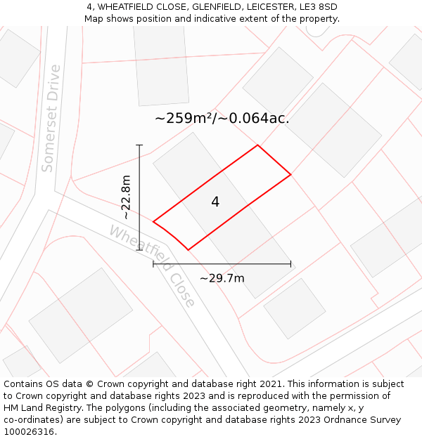 4, WHEATFIELD CLOSE, GLENFIELD, LEICESTER, LE3 8SD: Plot and title map