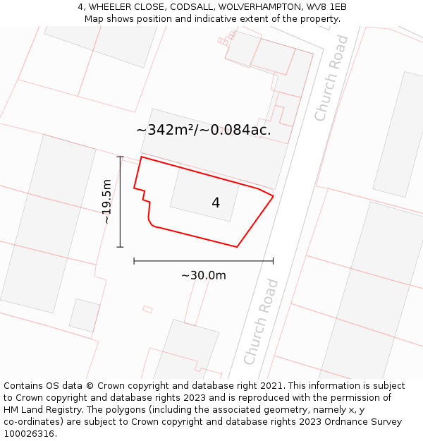 4, WHEELER CLOSE, CODSALL, WOLVERHAMPTON, WV8 1EB: Plot and title map