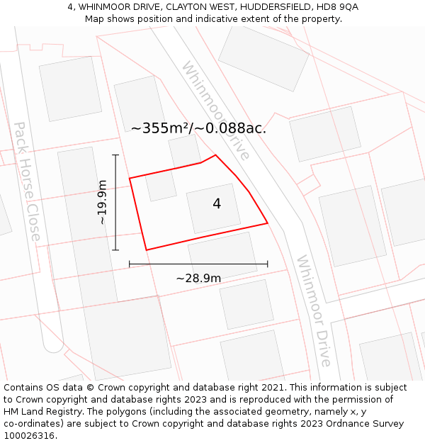 4, WHINMOOR DRIVE, CLAYTON WEST, HUDDERSFIELD, HD8 9QA: Plot and title map
