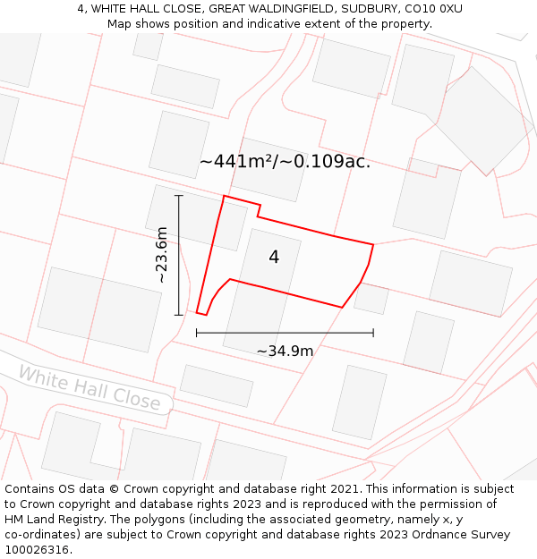 4, WHITE HALL CLOSE, GREAT WALDINGFIELD, SUDBURY, CO10 0XU: Plot and title map