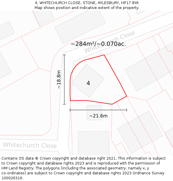 4, WHITECHURCH CLOSE, STONE, AYLESBURY, HP17 8YA: Plot and title map