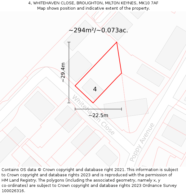 4, WHITEHAVEN CLOSE, BROUGHTON, MILTON KEYNES, MK10 7AF: Plot and title map