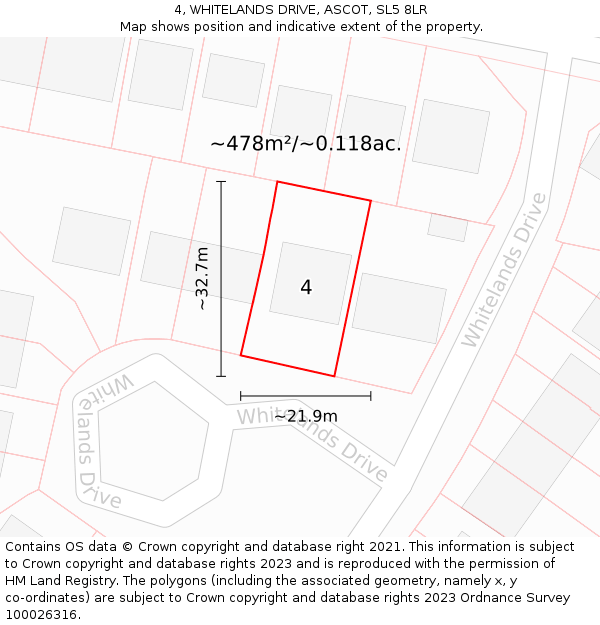 4, WHITELANDS DRIVE, ASCOT, SL5 8LR: Plot and title map
