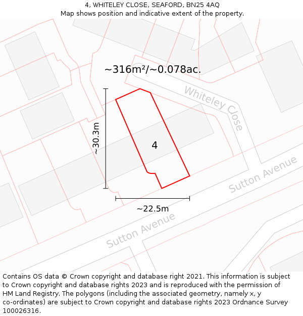 4, WHITELEY CLOSE, SEAFORD, BN25 4AQ: Plot and title map