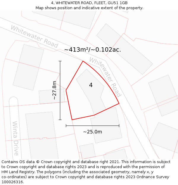 4, WHITEWATER ROAD, FLEET, GU51 1GB: Plot and title map