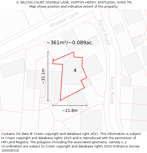 4, WILCON COURT, KNOWLE LANE, HORTON HEATH, EASTLEIGH, SO50 7PJ: Plot and title map