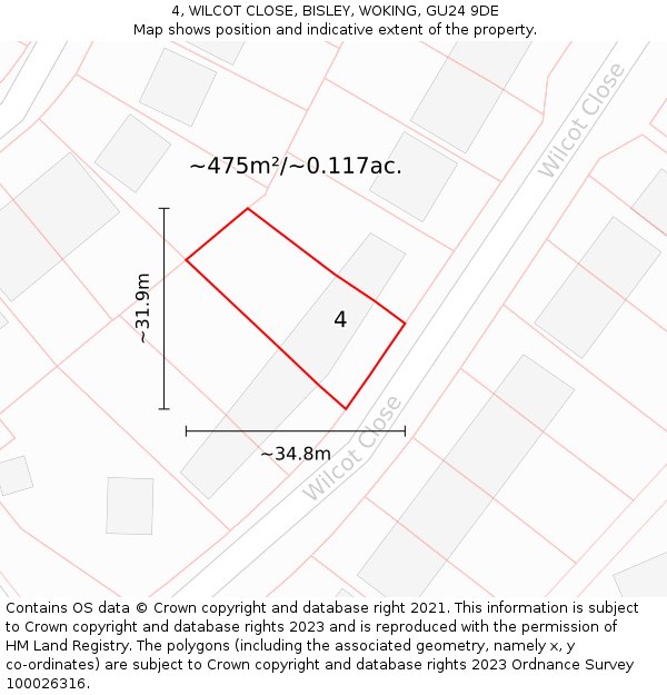 4, WILCOT CLOSE, BISLEY, WOKING, GU24 9DE: Plot and title map