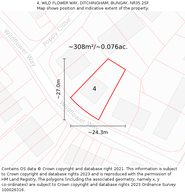 4, WILD FLOWER WAY, DITCHINGHAM, BUNGAY, NR35 2SF: Plot and title map